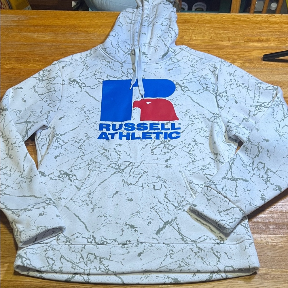 Russell Athletic Men Medium White Gray Marble Pattern Pocket Pullover Hoodie